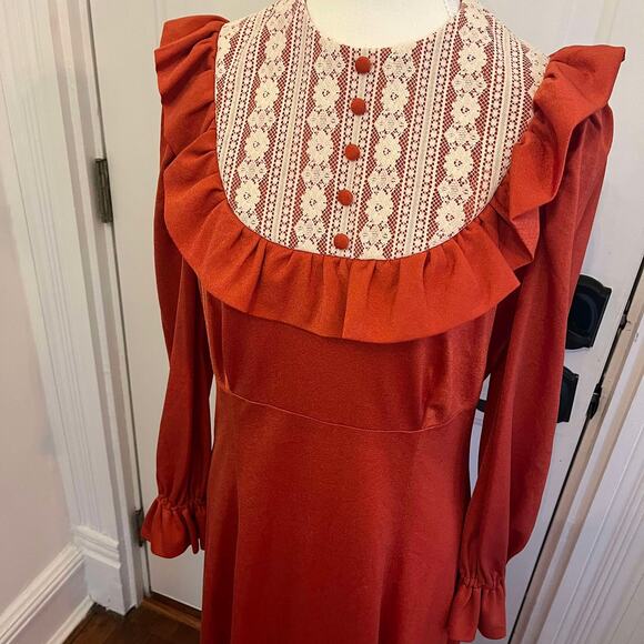 Vintage 1970's Handmade Burnt Orange and Cream Ruffle Neck Maxi Dress Size S/M - Picture 2 of 3